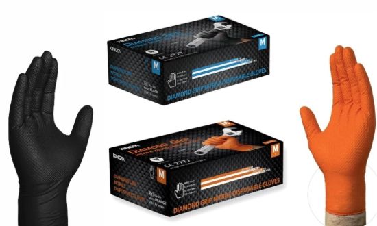 Picture of Black/Orange Nitrile Disposable Gloves 6 Mil Raised Diamond Texture